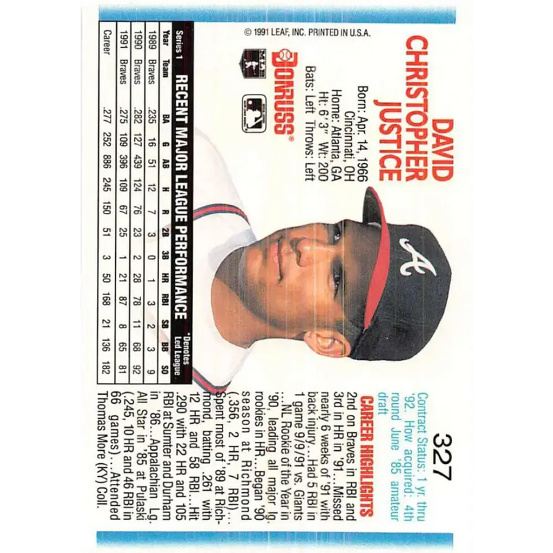 1992 Donruss #327 David Justice NM-MT Atlanta Braves Baseball Card - Baseball Card Single