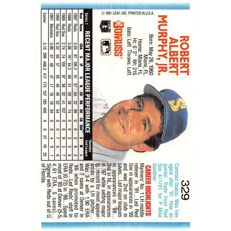 1992 Donruss #329 Rob Murphy NM-MT Seattle Mariners Baseball Card - Baseball Card Single