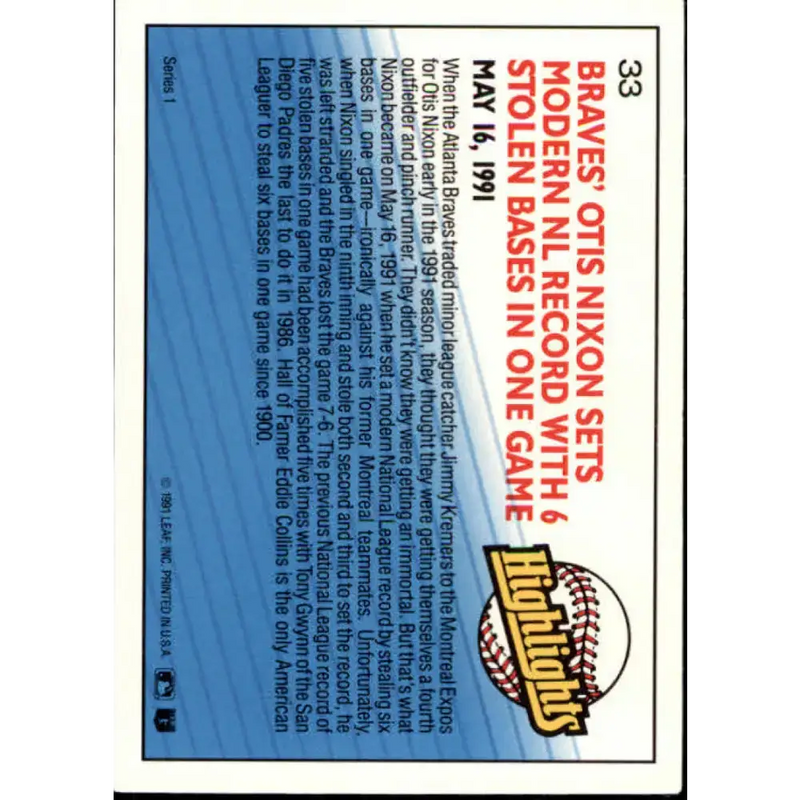 1992 Donruss #33 Otis Nixon HL NM-MT Atlanta Braves Baseball Card - Baseball Card Single
