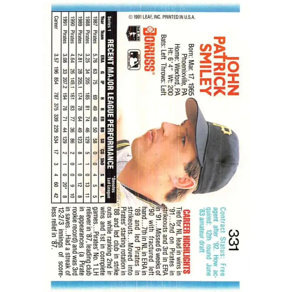 1992 Donruss #331 John Smiley NM-MT Pittsburgh Pirates Baseball Card - Baseball Card Single