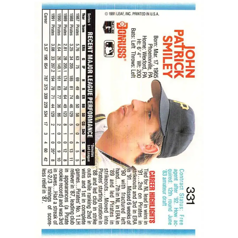 1992 Donruss #331 John Smiley NM-MT Pittsburgh Pirates Baseball Card - Baseball Card Single