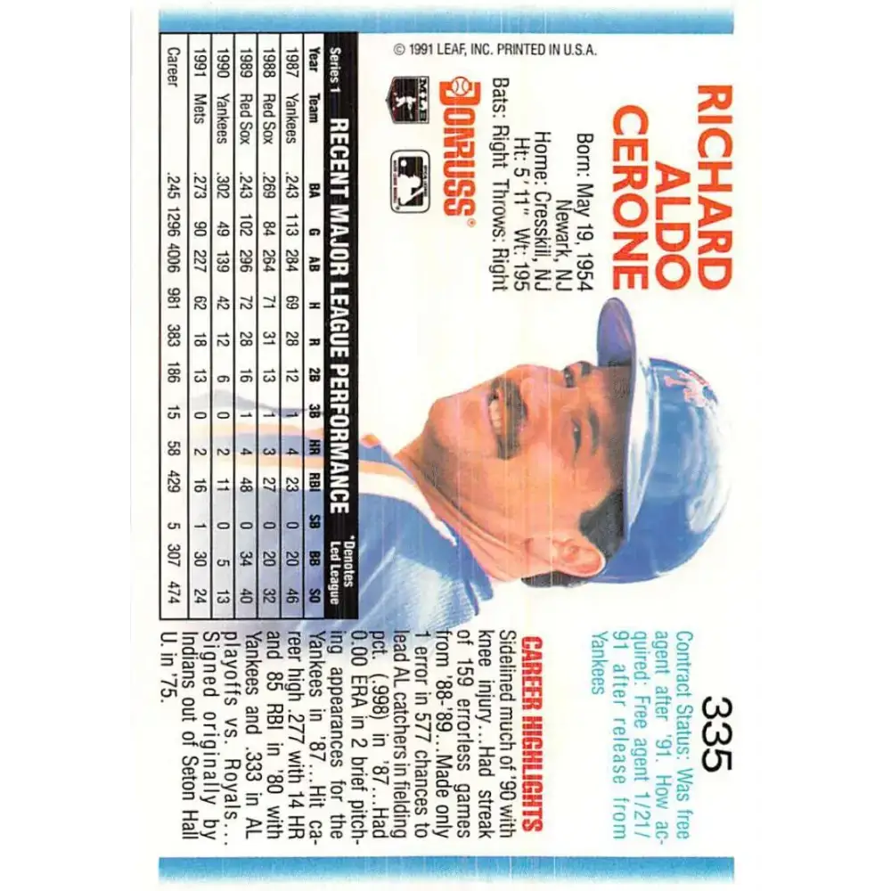 1992 Donruss #335 Rick Cerone NM-MT New York Mets Baseball Card - Baseball Card Single