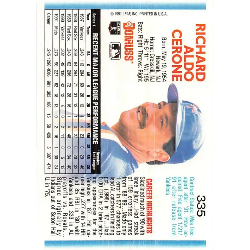 1992 Donruss #335 Rick Cerone NM-MT New York Mets Baseball Card - Baseball Card Single
