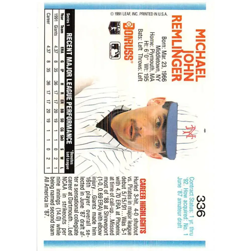 1992 Donruss #336 Mike Remlinger NM-MT San Francisco Giants Baseball Card - Baseball Card Single