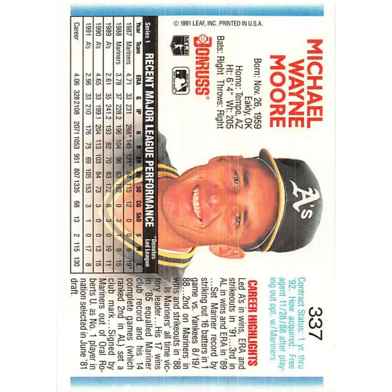 1992 Donruss #337 Mike Moore NM-MT Oakland Athletics Baseball Card - Baseball Card Single