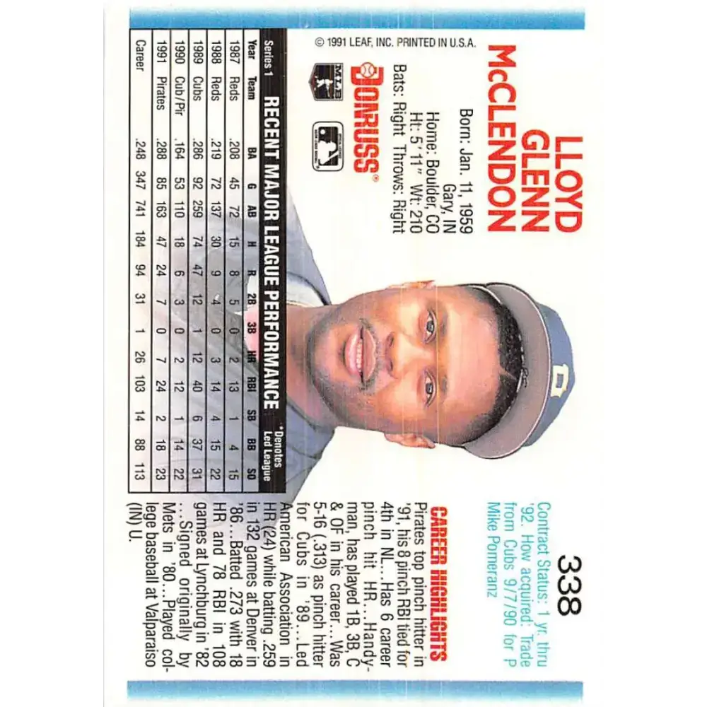 1992 Donruss #338 Lloyd McClendon NM-MT Pittsburgh Pirates Baseball Card - Baseball Card Single