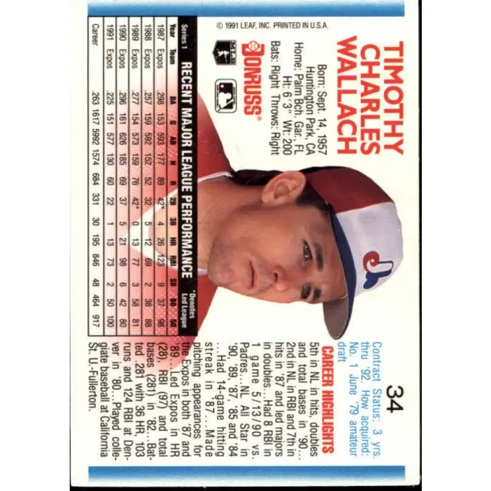 1992 Donruss #34 Tim Wallach NM-MT Montreal Expos Baseball Card - Baseball Card Single