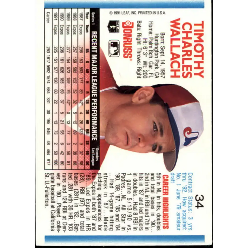 1992 Donruss #34 Tim Wallach NM-MT Montreal Expos Baseball Card - Baseball Card Single