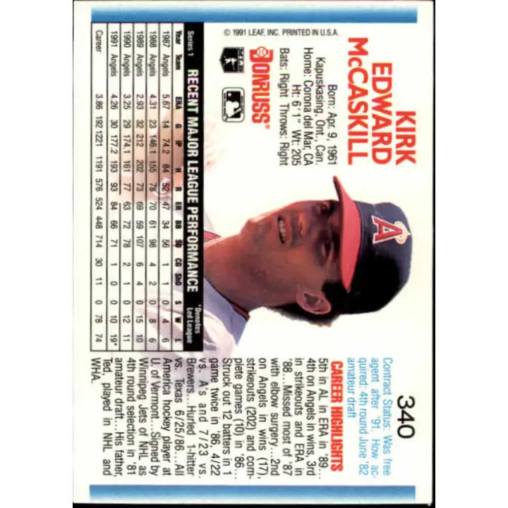 1992 Donruss #340 Kirk McCaskill NM-MT California Angels Baseball Card - Baseball Card Single