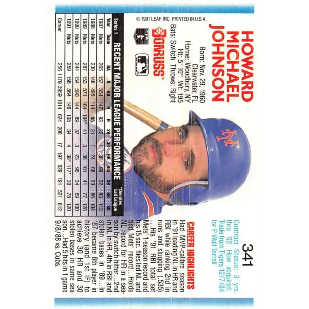 1992 Donruss #341 Howard Johnson NM-MT New York Mets Baseball Card - Baseball Card Single