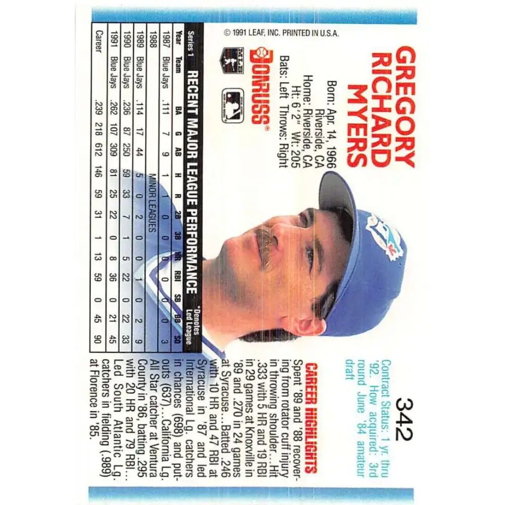 1992 Donruss #342 Greg Myers NM-MT Toronto Blue Jays Baseball Card - Baseball Card Single