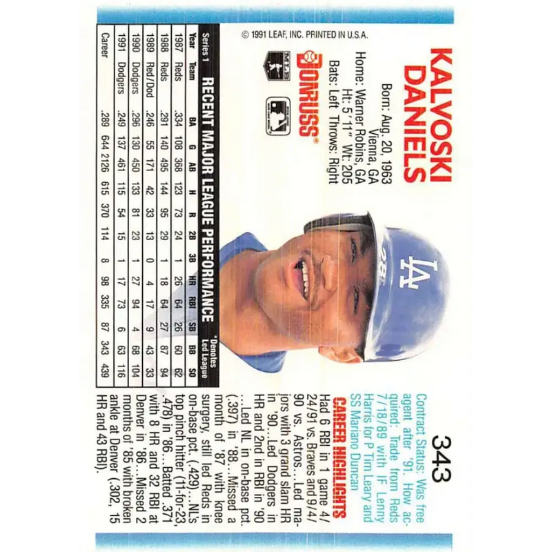 1992 Donruss #343 Kal Daniels NM-MT Los Angeles Dodgers Baseball Card - Baseball Card Single