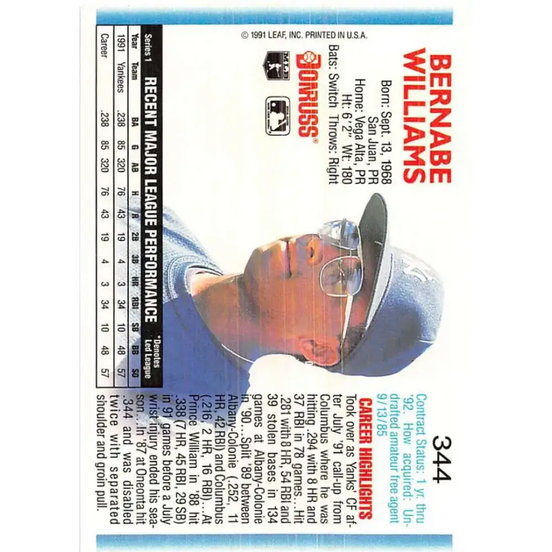 1992 Donruss #344 Bernie Williams NM-MT New York Yankees Baseball Card - Baseball Card Single