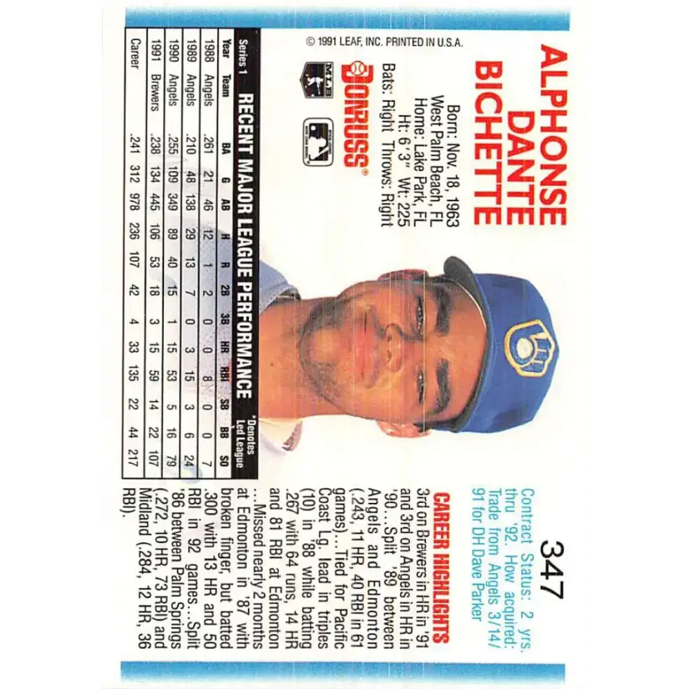 1992 Donruss #347 Dante Bichette NM-MT Milwaukee Brewers Baseball Card - Baseball Card Single