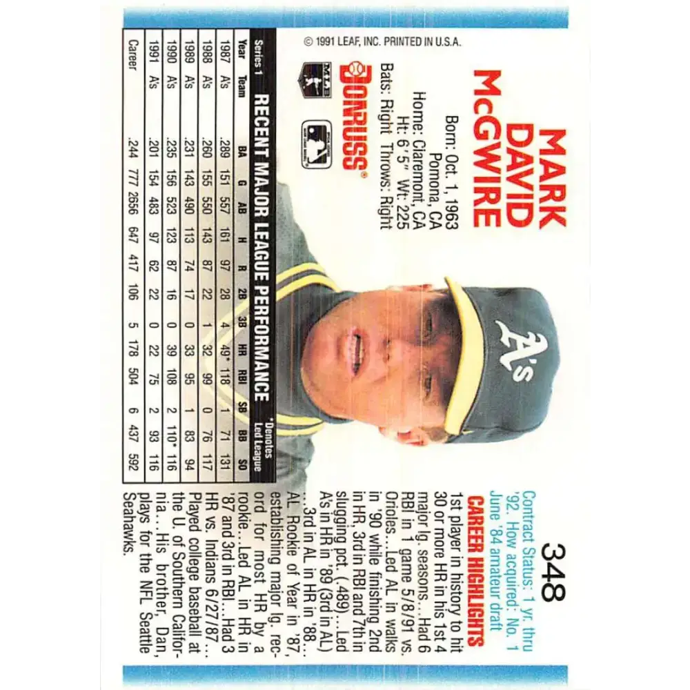 1992 Donruss #348 Mark McGwire NM-MT Oakland Athletics Baseball Card - Baseball Card Single