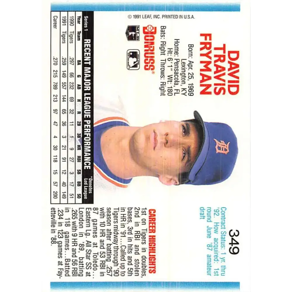 1992 Donruss #349 Travis Fryman NM-MT Detroit Tigers Baseball Card - Baseball Card Single