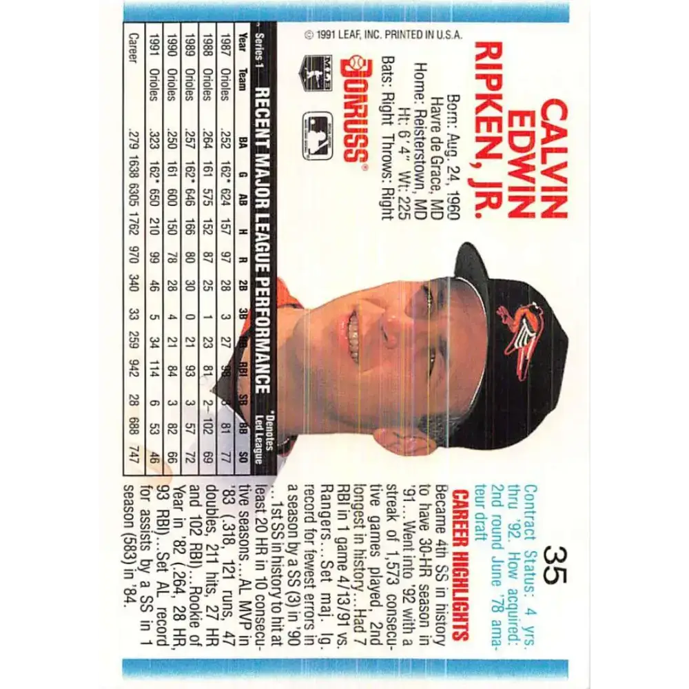 1992 Donruss #35 Cal Ripken Jr. NM-MT Baltimore Orioles Baseball Card - Baseball Card Single