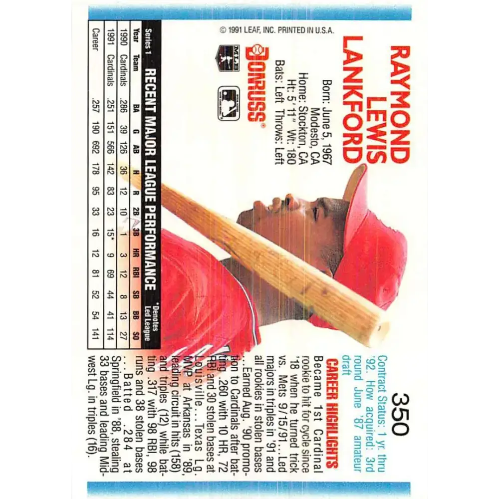 1992 Donruss #350 Ray Lankford NM-MT St. Louis Cardinals Baseball Card - Baseball Card Single
