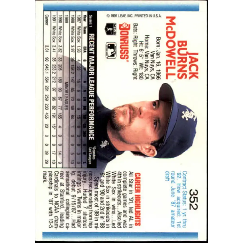 1992 Donruss #352 Jack McDowell NM-MT Chicago White Sox Baseball Card - Baseball Card Single