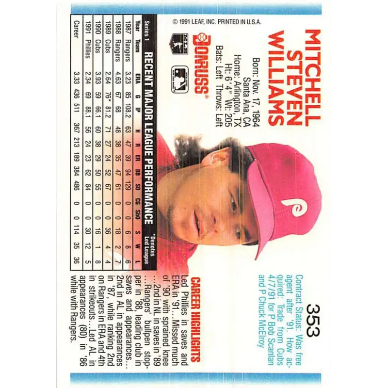 1992 Donruss #353 Mitch Williams NM-MT Philadelphia Phillies Baseball Card - Baseball Card Single