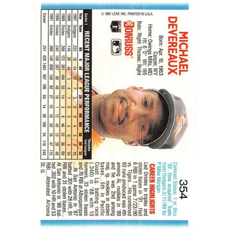 1992 Donruss #354 Mike Devereaux NM-MT Baltimore Orioles Baseball Card - Baseball Card Single