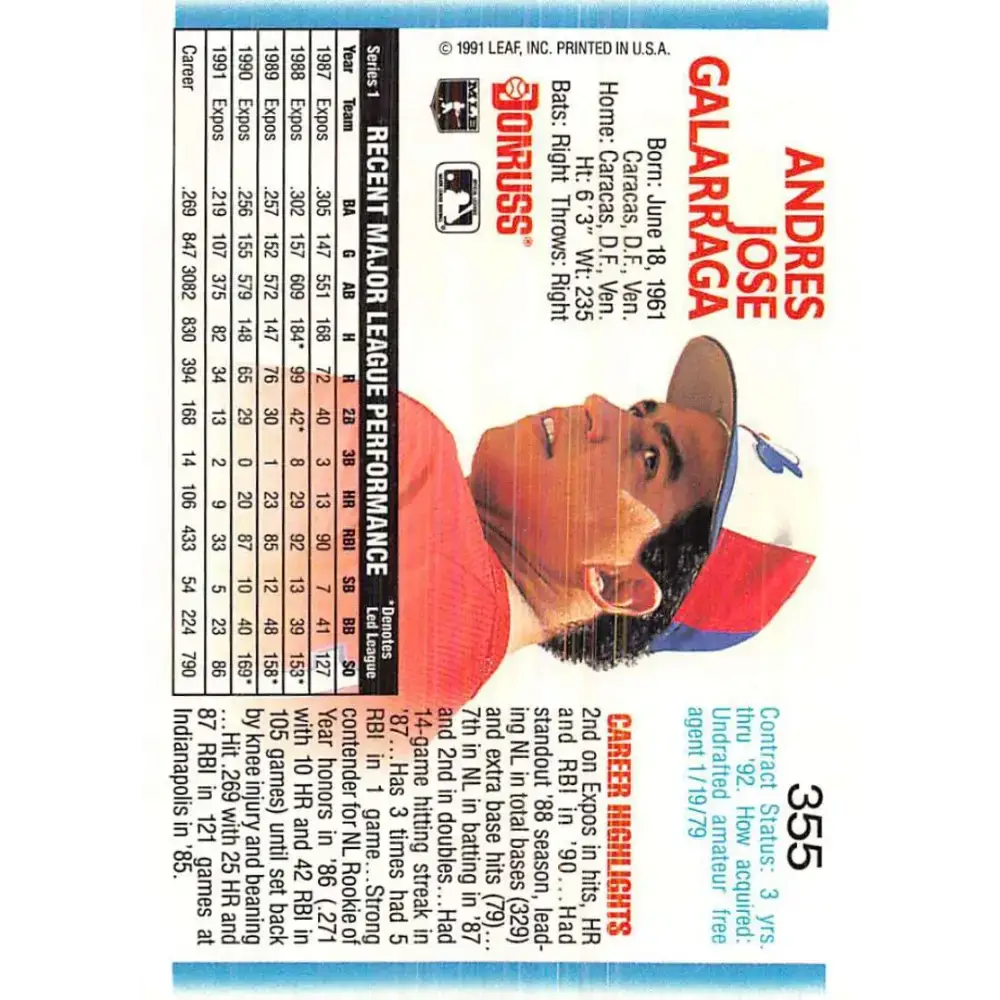 1992 Donruss #355 Andres Galarraga NM-MT Montreal Expos Baseball Card - Baseball Card Single