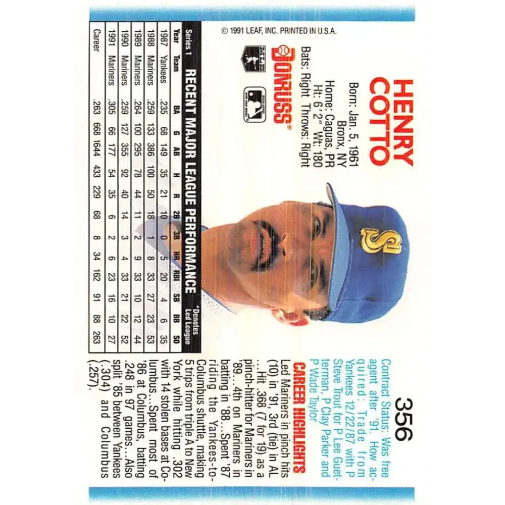 1992 Donruss #356 Henry Cotto NM-MT Seattle Mariners Baseball Card - Baseball Card Single