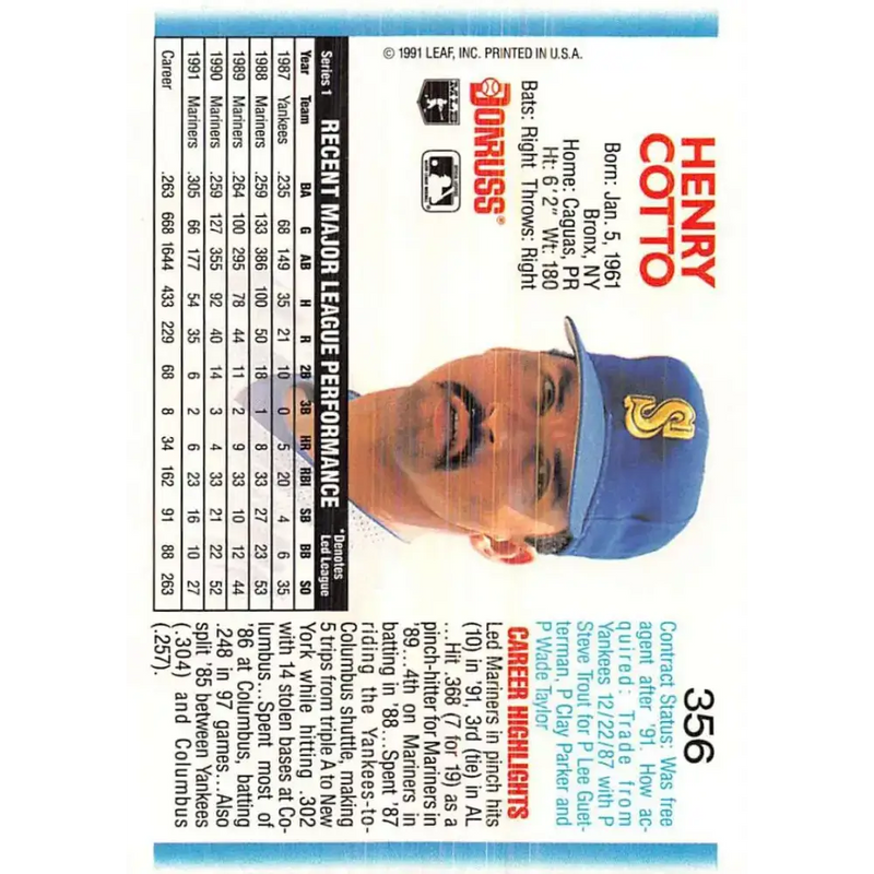 1992 Donruss #356 Henry Cotto NM-MT Seattle Mariners Baseball Card - Baseball Card Single