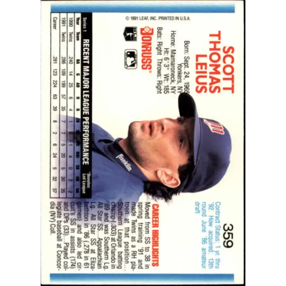 1992 Donruss #359 Scott Leius NM-MT Minnesota Twins Baseball Card - Baseball Card Single