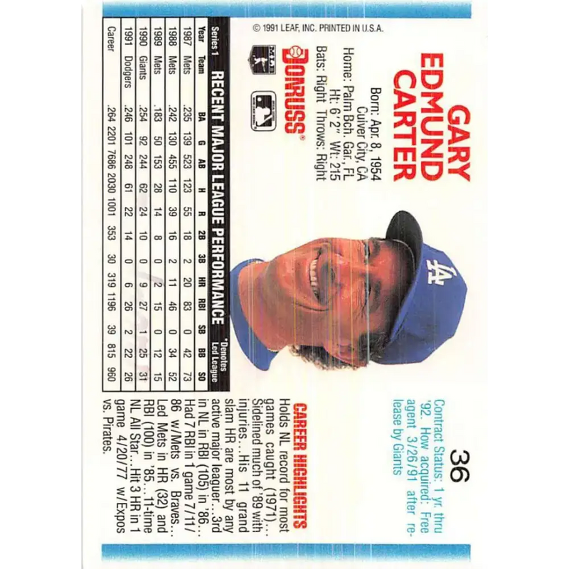 1992 Donruss #36 Gary Carter NM-MT Los Angeles Dodgers Baseball Card - Baseball Card Single