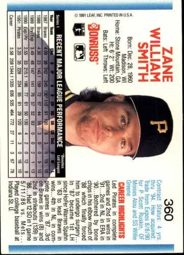 Baseball card back showing original gloss for Zane Smith NM-MT Pirates 1992 Donruss #360