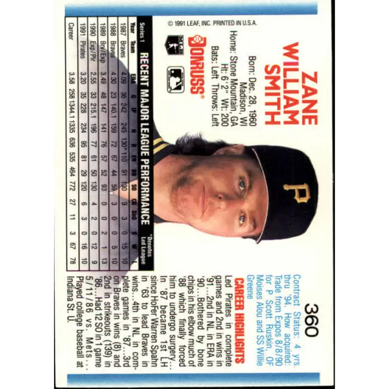 1992 Donruss #360 Zane Smith NM-MT Pittsburgh Pirates Baseball Card - Baseball Card Single