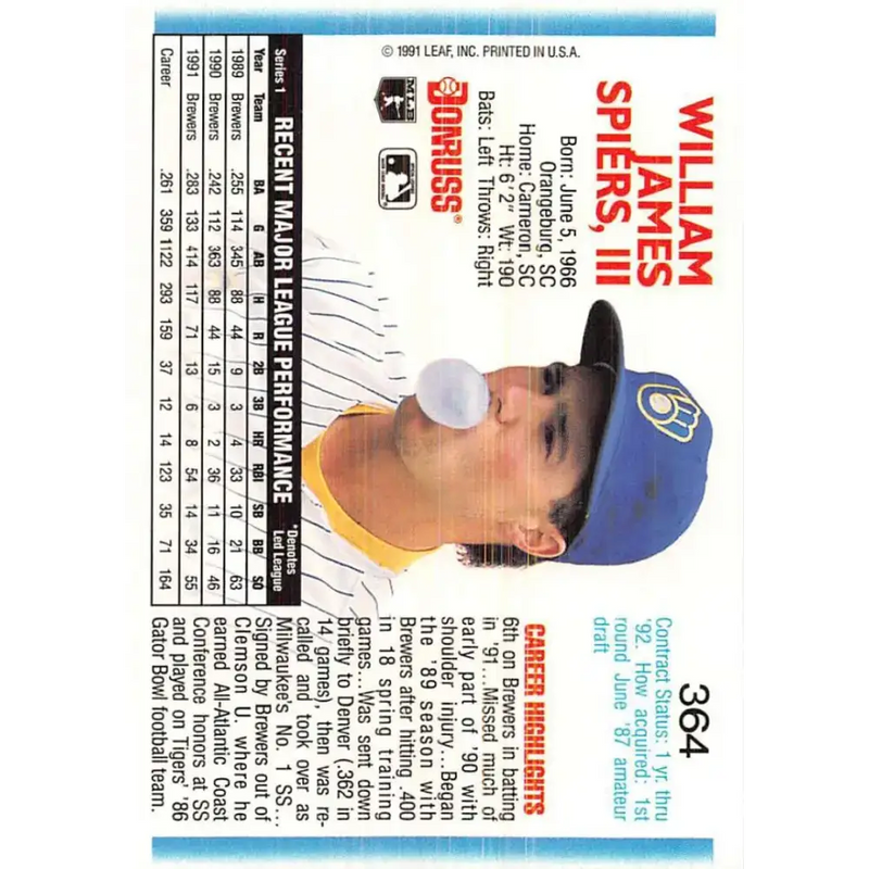 1992 Donruss #364 Bill Spiers NM-MT Milwaukee Brewers Baseball Card - Baseball Card Single