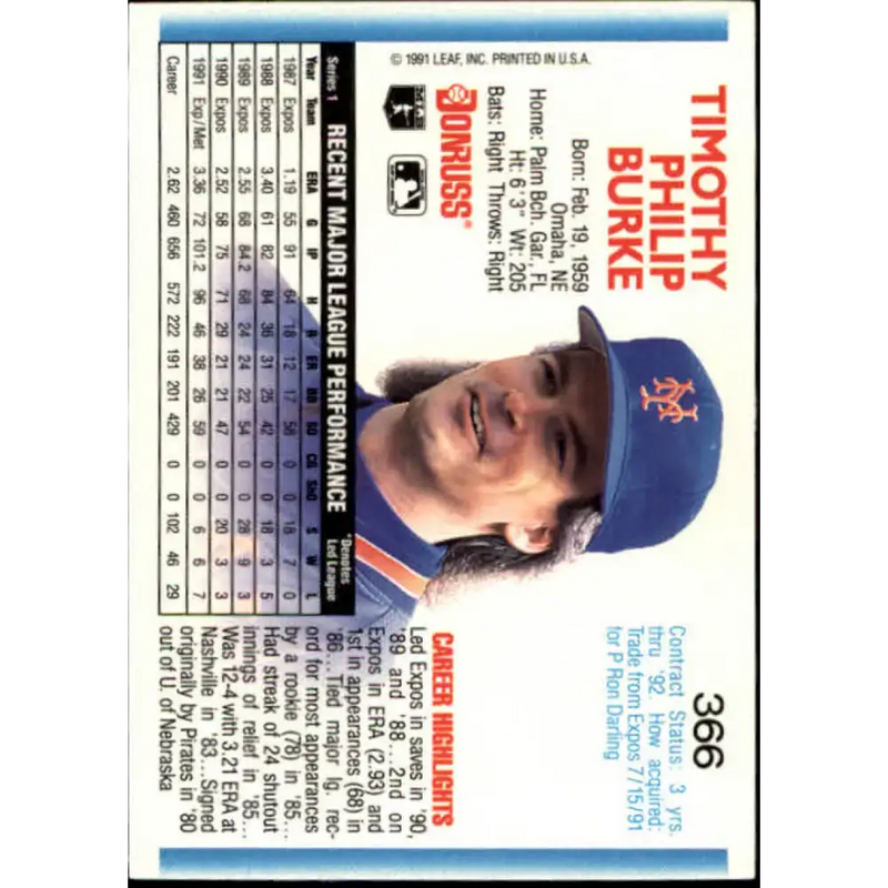 1992 Donruss #366 Tim Burke NM-MT New York Mets Baseball Card - Baseball Card Single