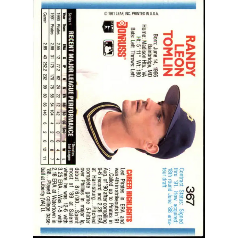 1992 Donruss #367 Randy Tomlin NM-MT Pittsburgh Pirates Baseball Card - Baseball Card Single