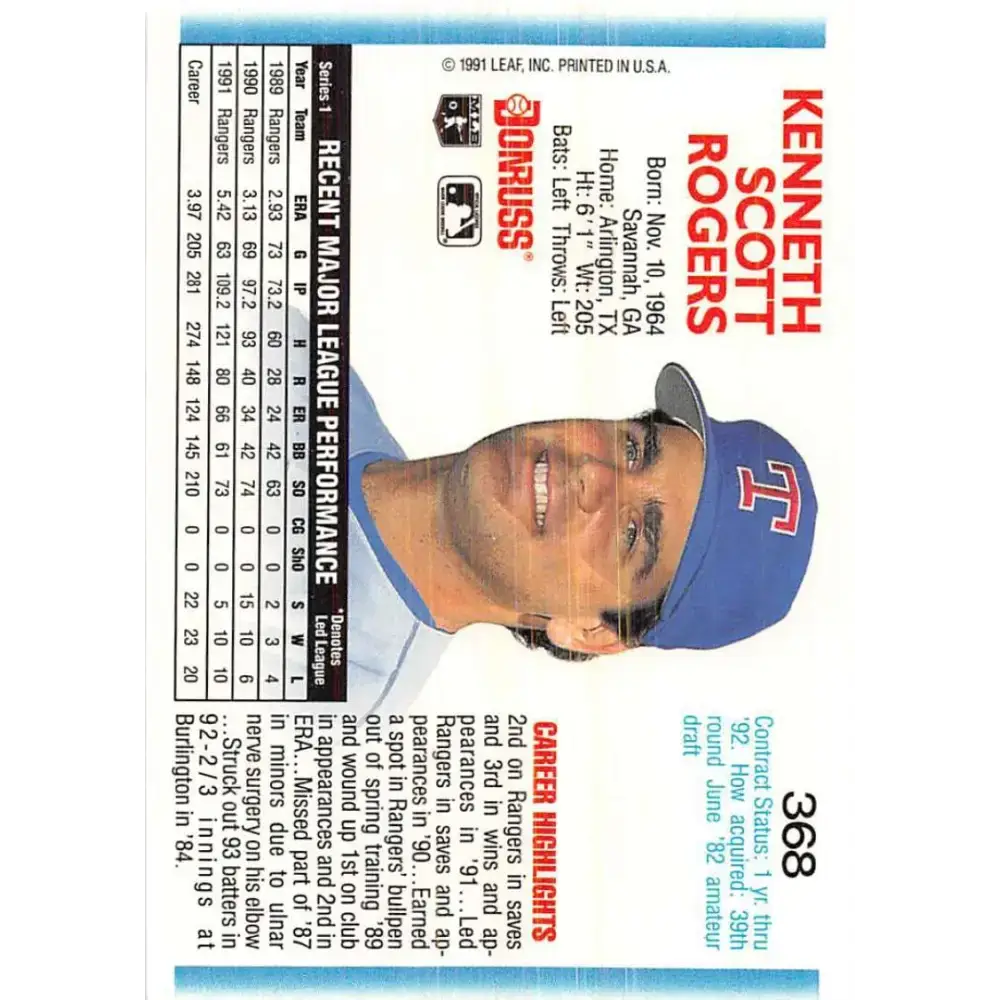 1992 Donruss #368 Kenny Rogers NM-MT Texas Rangers Baseball Card - Baseball Card Single