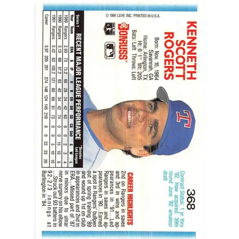 1992 Donruss #368 Kenny Rogers NM-MT Texas Rangers Baseball Card - Baseball Card Single
