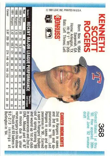 Original gloss Kenny Rogers baseball card from 1992 Donruss #368 featuring Rangers