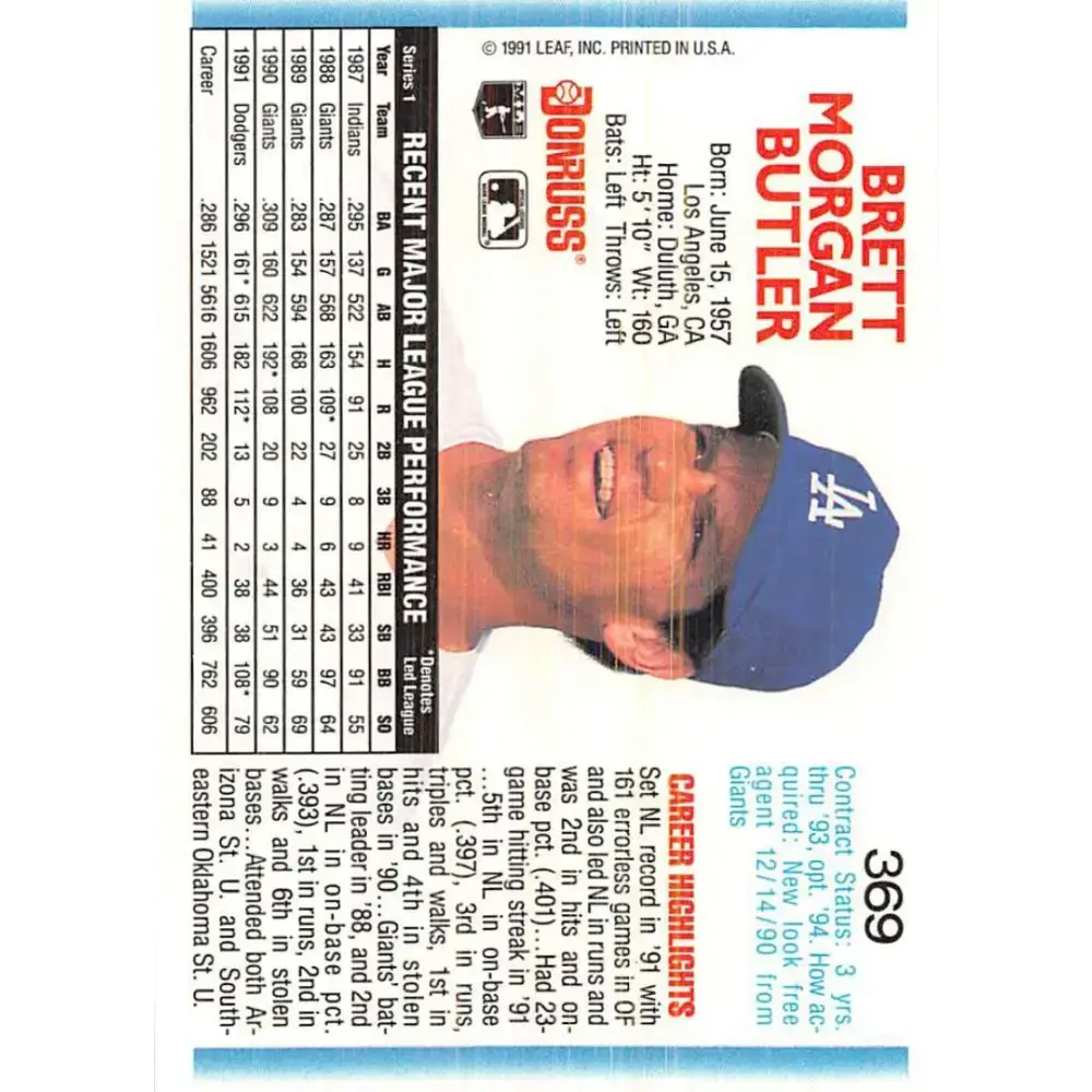 1992 Donruss #369 Brett Butler NM-MT Los Angeles Dodgers Baseball Card - Baseball Card Single