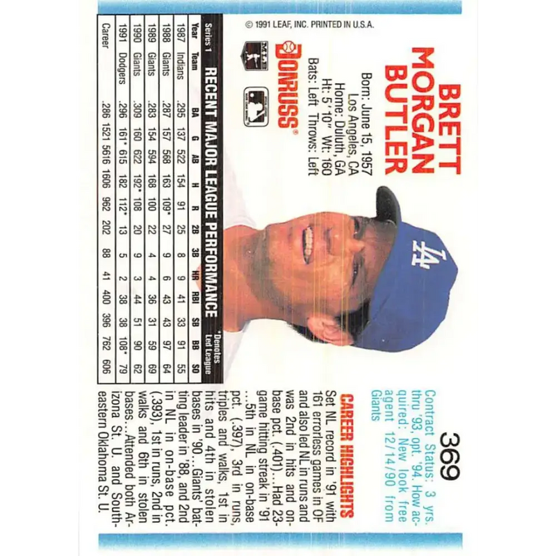 1992 Donruss #369 Brett Butler NM-MT Los Angeles Dodgers Baseball Card - Baseball Card Single