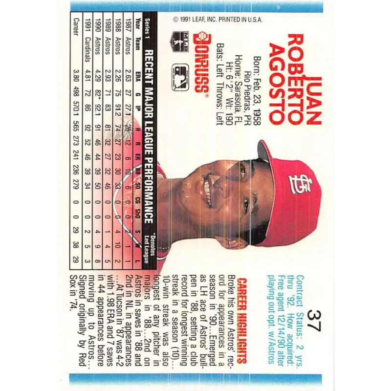 1992 Donruss #37 Juan Agosto NM-MT St. Louis Cardinals Baseball Card - Baseball Card Single