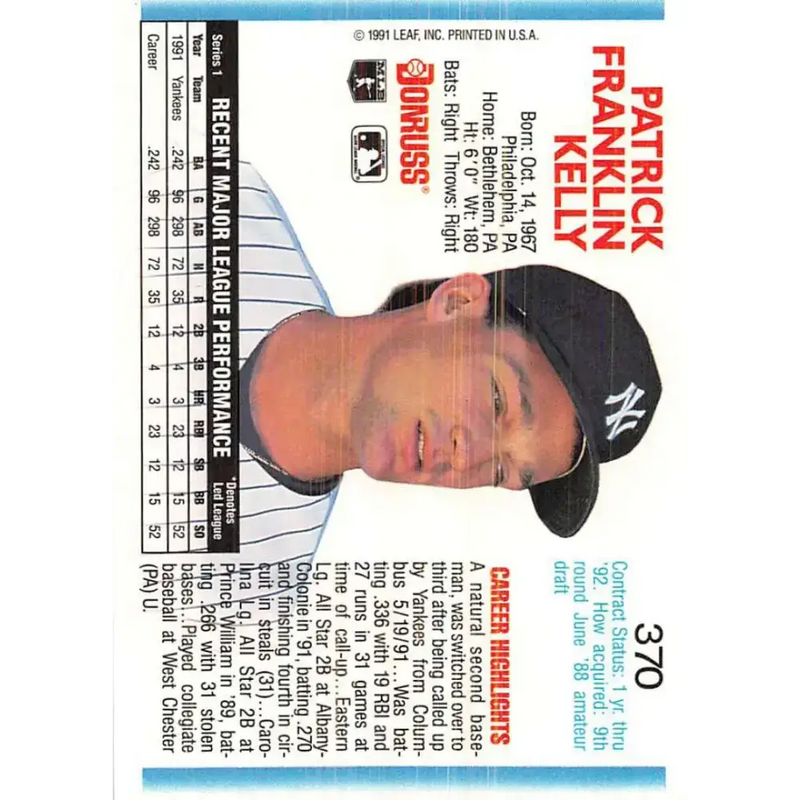 1992 Donruss #370 Pat Kelly NM-MT New York Yankees Baseball Card - Baseball Card Single