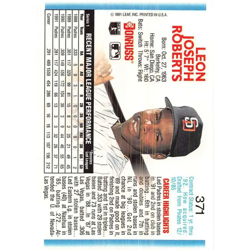 1992 Donruss #371 Bip Roberts NM-MT San Diego Padres Baseball Card - Baseball Card Single