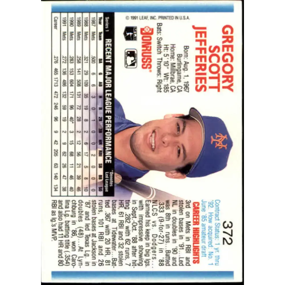 1992 Donruss #372 Gregg Jefferies NM-MT New York Mets Baseball Card - Baseball Card Single