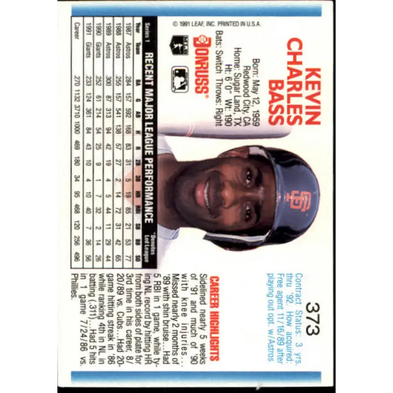 1992 Donruss #373 Kevin Bass NM-MT San Francisco Giants Baseball Card - Baseball Card Single