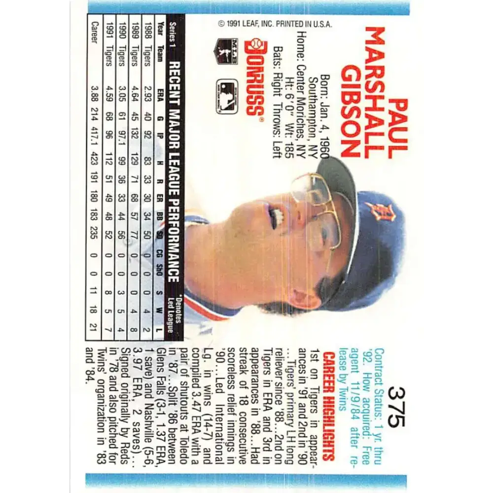 1992 Donruss #375 Paul Gibson NM-MT Detroit Tigers Baseball Card - Baseball Card Single