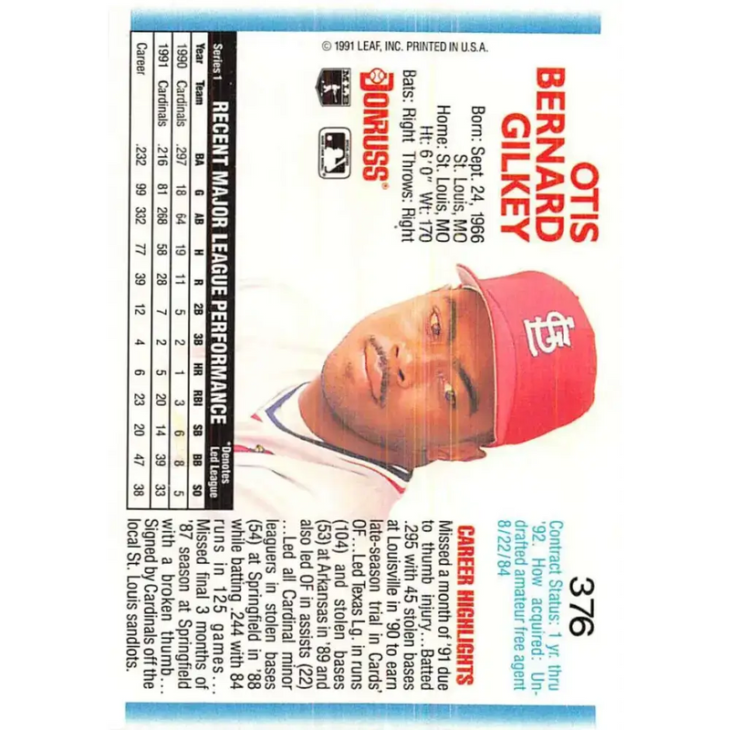 1992 Donruss #376 Bernard Gilkey NM-MT St. Louis Cardinals Baseball Card - Baseball Card Single