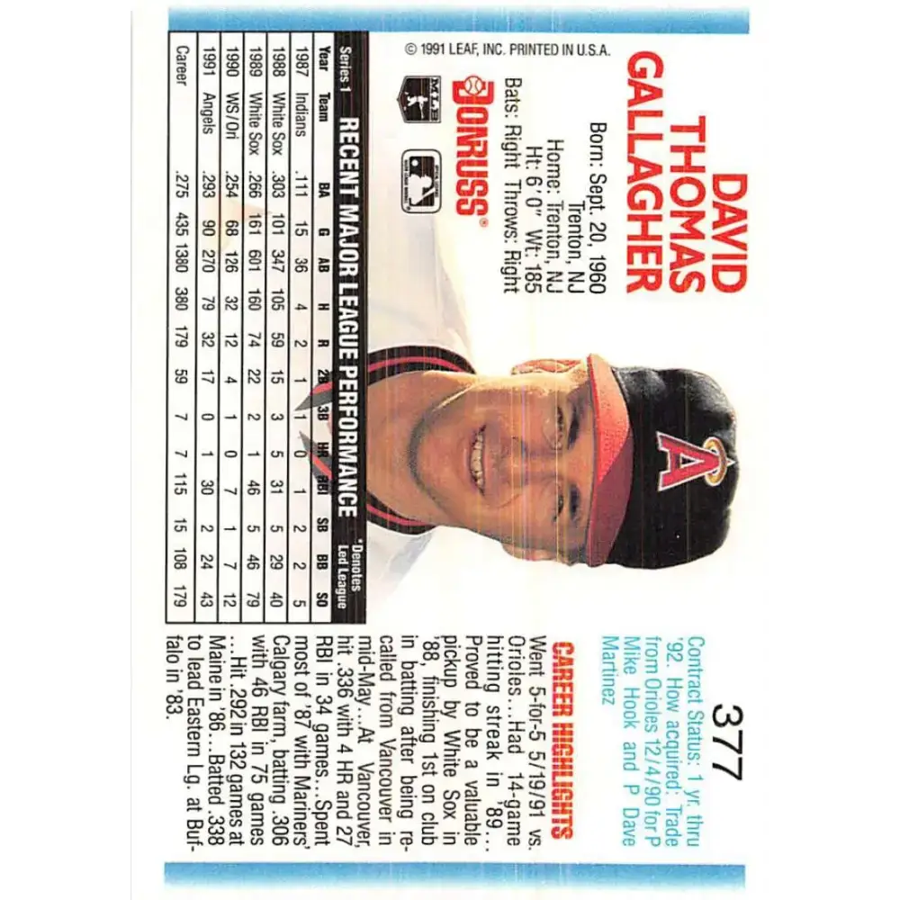 1992 Donruss #377 Dave Gallagher NM-MT California Angels Baseball Card - Baseball Card Single