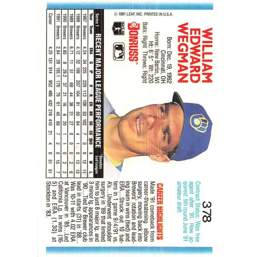 1992 Donruss #378 Bill Wegman NM-MT Milwaukee Brewers Baseball Card - Baseball Card Single
