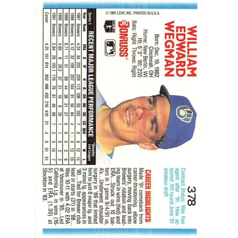1992 Donruss #378 Bill Wegman NM-MT Milwaukee Brewers Baseball Card - Baseball Card Single